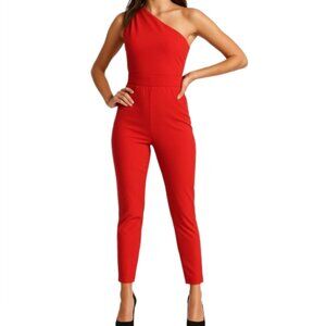 NWT Bebe Red One Shoulder Jumpsuit Asymmetrical Neckline Pocket XXS